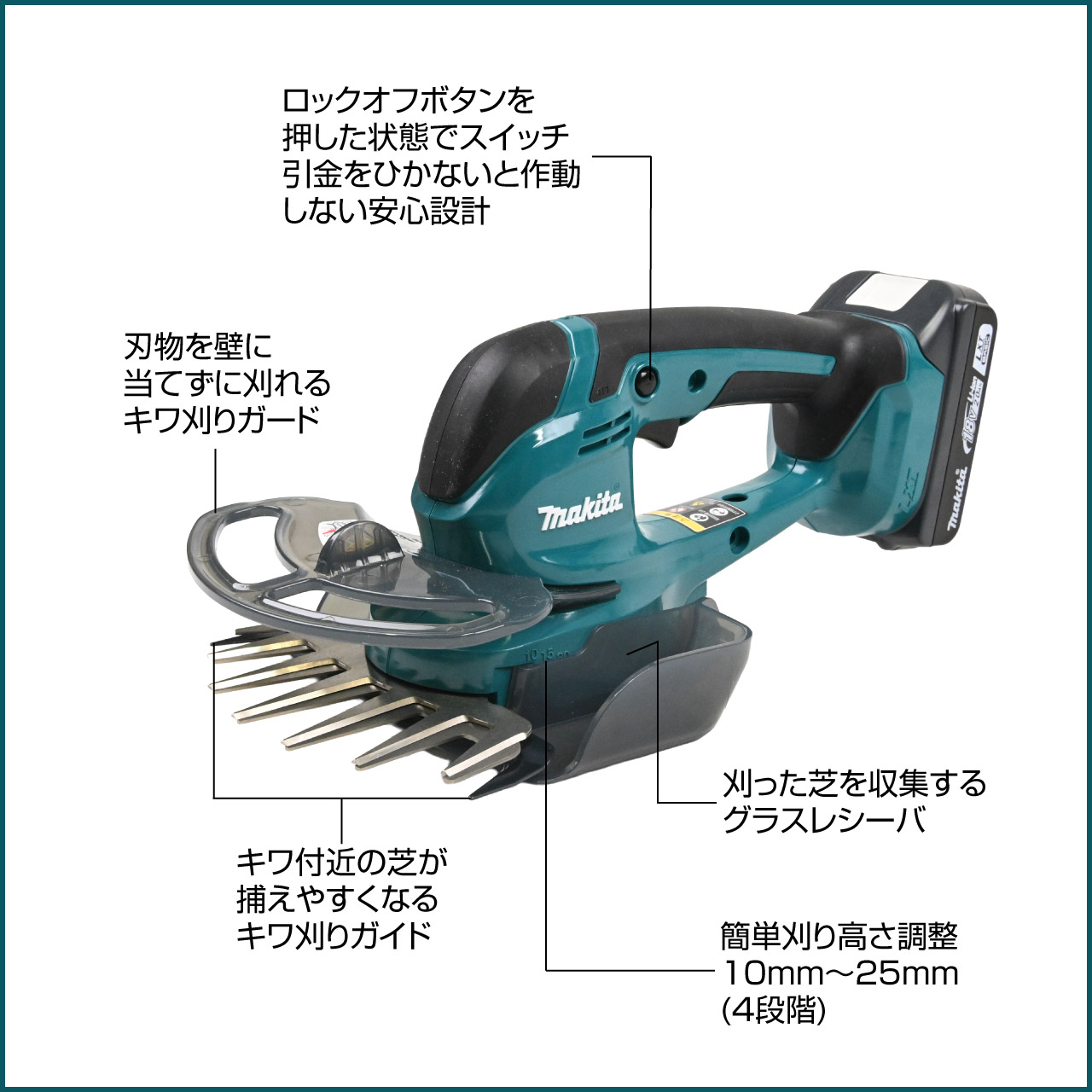マキタ　充電式芝生バリカン芝刈り機　刈幅160mm　mum606dz 各部紹介