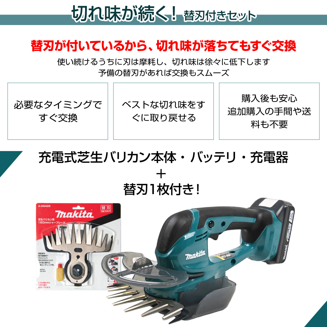 バリカン式芝刈り機は、2枚の刃を擦り合わせながら芝をカットします。そのため使用を重ねると刃は少しずつ摩耗し、切れ味が低下します。
替刃をあらかじめ用意しておけば、必要なときにすぐ交換できるためきれいな仕上がりを維持できます。