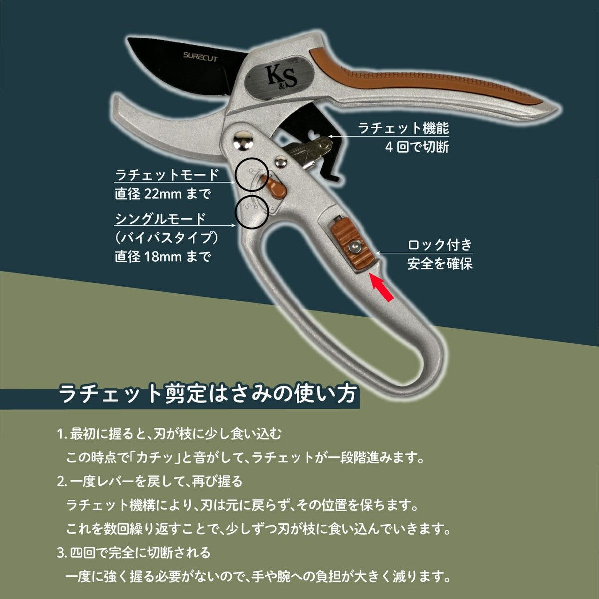  Kent&Stowe ケント＆ストウ ラチェット剪定鋏(剪定ばさみ) アンビルタイプ