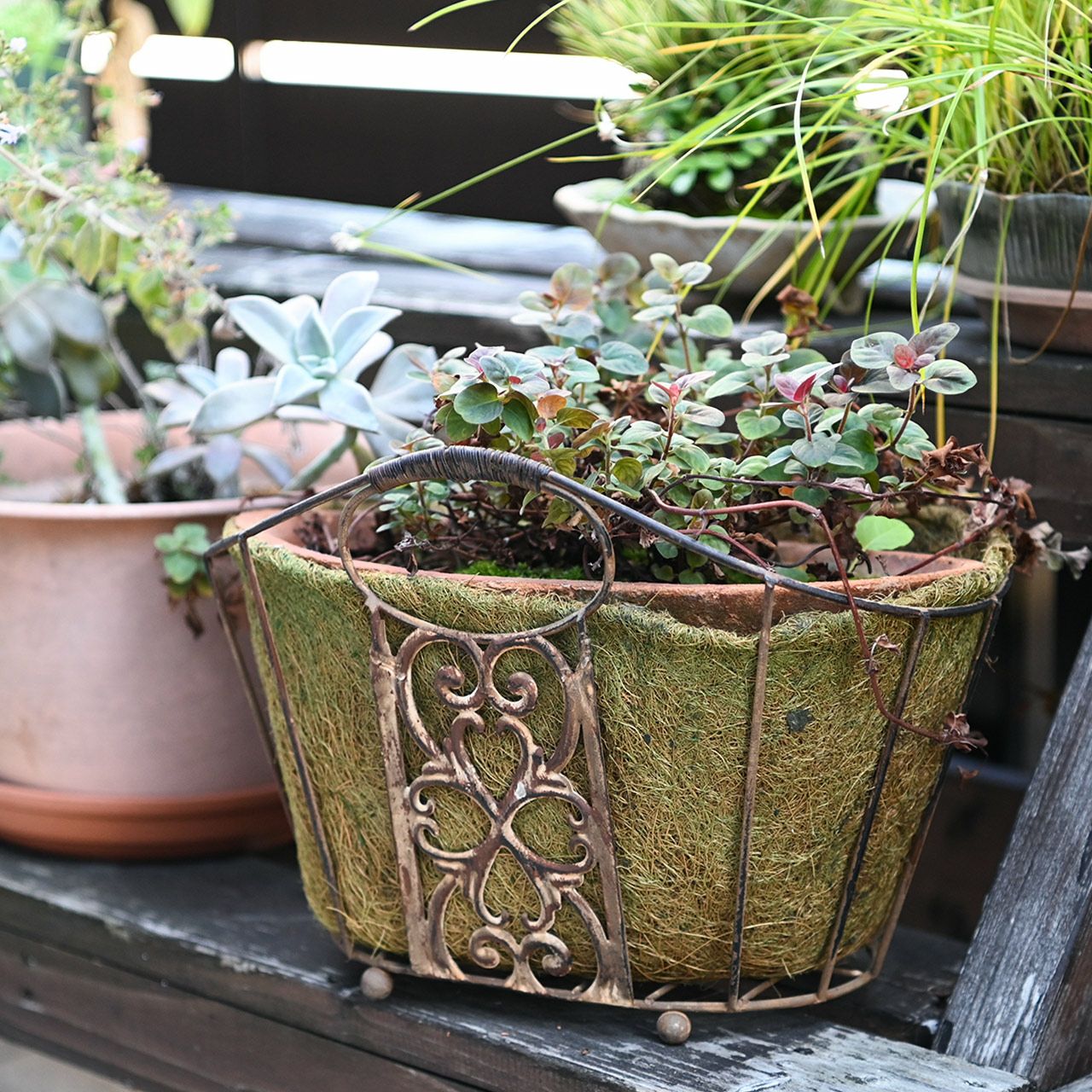 オーバルバスケット ヤシマット付き プランター 植木鉢 鉢カバー